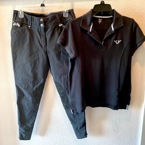 Woman’s black English riding wear. Blakely knee patch breech and Tuffrider polo